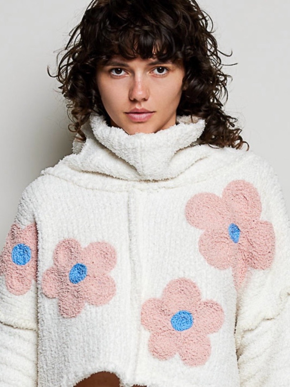 POL Ivory Polar Neck Sweater with Pink Floral Appliqués Small